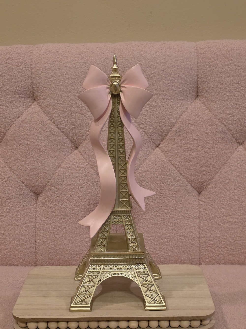 cupcakes & cashmere Gold Eiffel Tower Decor with Pink Bow
